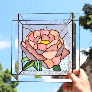 Peony Flower Pink Suncatcher. Stained glass Home Decor Panel Pendant Garden Window Wall Hangings Gift. Mother’s day gift