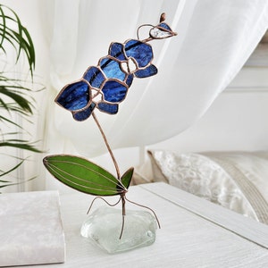 Stained Glass Orchid Suncatcher/Vintage Handmade Glass Plant Decor/Table decor/Wedding gift/Gift for mom