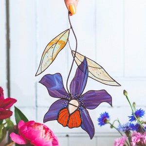 Stained Glass Flower Purple Orchid Suncatcher: Modern Window Decor, Gift for Mom