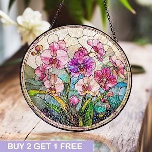 Orchid Stained Glass Suncatcher, Pink Floral Window Decor, Botanical Art Style, Orchid Flower Decor, Garden Lovers Gift Idea