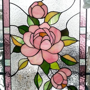 peony flover pink piony Stained glass panel Suncatchers Handcrafted glass gift home decor window decor Colorful Flowers stained glass panel