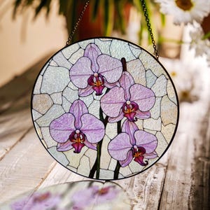 Purple orchid flower stained glass round suncatcher window decor gift for plant lover