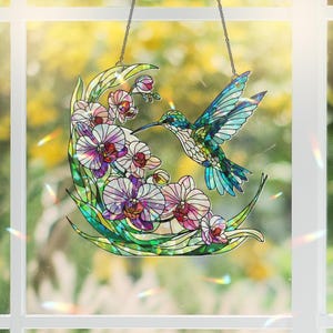Hummingbird & Orchid Suncatcher: Holographic Acrylic Window Decor