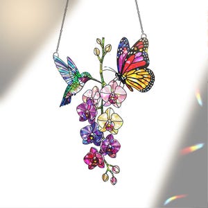 Hummingbird Butterfly Orchid Decor, Acrylic Hologram Suncatcher, Colorful Window Art, Nature Lover Gift, Spring Floral Hanging