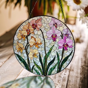 blooming orchid glass round stained suncatcher floral window hanging gift for plant lover
