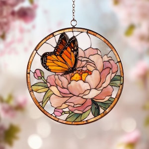 Stained Glass Butterfly Peony Suncatcher, Handmade Window Decor