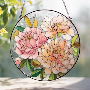 Peony Stained Glass Suncatcher Round Floral Window Hanging Gift for Mom