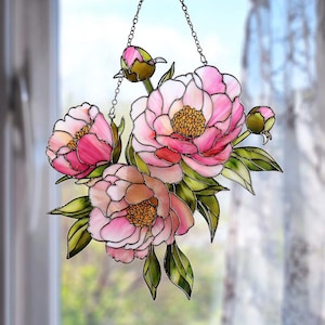 Peony Flowers Stained Acrylic Suncatcher, Gift for Mother’s Day, Window Hanging Decor, Flower Lover Home Decor Gift