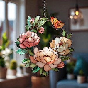 Peony Flower Wreath Acrylic Suncatcher, Floral Window Hanging, Elegant Botanical Home Decor Gift for Her