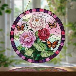 Peony and Butterfly Stained Glass Suncatcher, Floral Window Hanging, Round Flower Suncatcher Gift