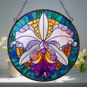 Cattleya Orchid Suncatcher, Purple and White Bloom Window Hanging, Tropical Flower Decor, Botanical Gift for Mom, Garden Lover Art