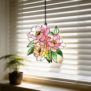 Peony Suncatcher, Faux Stained Glass Window Hanging, Acrylic Botanical Decor