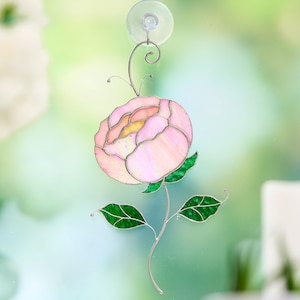 Real Stained Glass Peony Suncatcher Pink Flower Window Hanging Decor Mother's Day gift