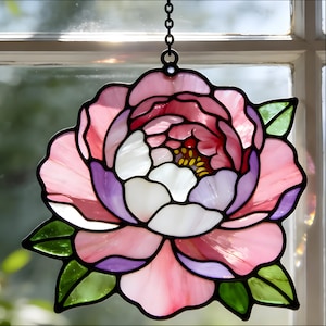 Handmade Peony Flower Acrylic Stained Glass Suncatcher, Pink Peony Wall Art Decor, Botanical Window Hanging,Nature Inspired Gift