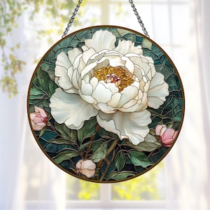 White Peony Stained Glass Suncatcher Round Floral Window Hanging Botanical Sun Catcher Elegant Home Decor Gift