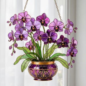 Purple Orchid Plan Pot Acrylic Suncatcher, Floral Wall Art Window Hanging, Garden Decor Gift Flower Lovers, Gift For Mom Mother's Day