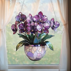 Purple Orchid Acrylic Window Hanging, Floral Potted Orchid Suncatcher, Botanical Home Decor Gift