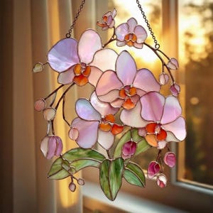 Pink Orchid Stained Glass Suncatcher, Orchid Flower Window Hanging Decor, Elegant Floral Glass Art Gift