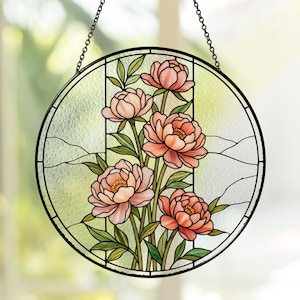 Peony Flower Stained Glass Suncatcher, Pink Flowers Hanging Window Decor, Birthday Gifts, Mothers Day Gifts for Mom, Grandma, Friend, Women