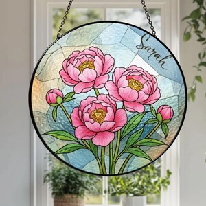 Pink Peony Stained Glass Suncatcher, Personalized Floral Window Art