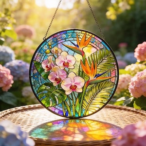 Tropical Orchid & Bird Of Paradise Stained Glass Suncatcher,Floral Hangings,Boho Decor Gift, Hawaiian Inspired Decor,Nature Lover Gift