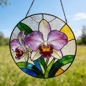 Purple Orchid Stained Glass Suncatcher,Tropical Window Hanging,Multicolored Orchid Bouquet Suncatcher,Flower Window Art,Elegant Home Decor