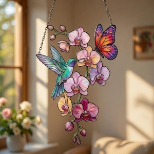 Hummingbird Orchid Butterfly Acrylic Suncatcher, Stained Glass Style Floral Window Hanging Decor, Colorful Garden Art Gift