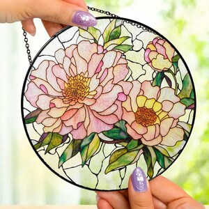 Peony Suncatcher, Botanical Pink Flower Stained Glass Hanging Window Decor, Birthday Gift, Mothers Day Gifts for Mom, Grandma, Friend, Women