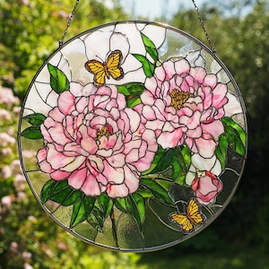 Peony Butterfly Acrylic Suncatcher, Floral Garden Window Hanging Decor, Nature Art Panel