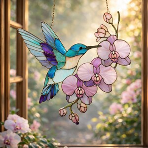 Hummingbird Acrylic Suncatcher, Orchid Flower Window Hanging, Stained Glass Effect Bird Decor, Mother's Day Gift, Floral Wall Art